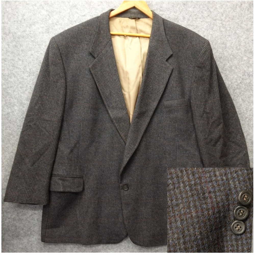 Vintage 80s Bill Blass Camel Hair Tweed Sport Coat Mens 48R Blue Houndstooth USA